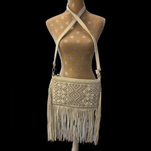 Imoshion White Faux Leather Studded Statement Fringe Festival Crossbody Purse